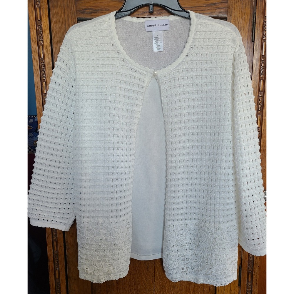 Alfred Dunner White Lace Trim Open Knit Cardigan 2-in-1 Layered Top Lg Grandma